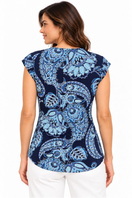 Blusa estampa persa decote trava azul.